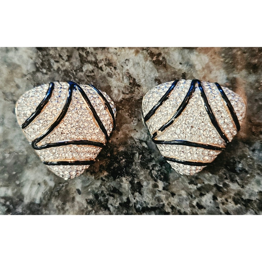 Ciner Clip On Earrings Women OS Gold Black Enamel Pave Crystal Shield Excellent